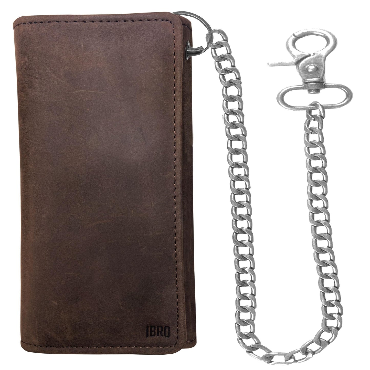 Motorcycle Chain Wallet for Men – Premium Cowhide Leather, RFID Tri-Fold Biker Wallet with Heavy Duty Chain for Bikers Truckers & Hunters, Credit Card Money Organizer Long Wallet Crazy Horse Brown