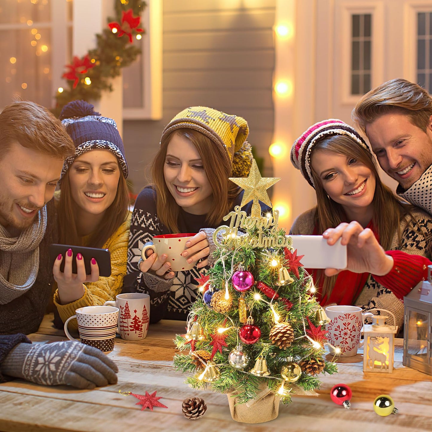 Tabletop Christmas Tree 21.65 Inch Mini Artificial Christmas Tree with 20 LED String Lights, Star Tree, Pine Cones Ornaments, Small Xmas Tree for Holiday Indoor DIY Christmas Decor