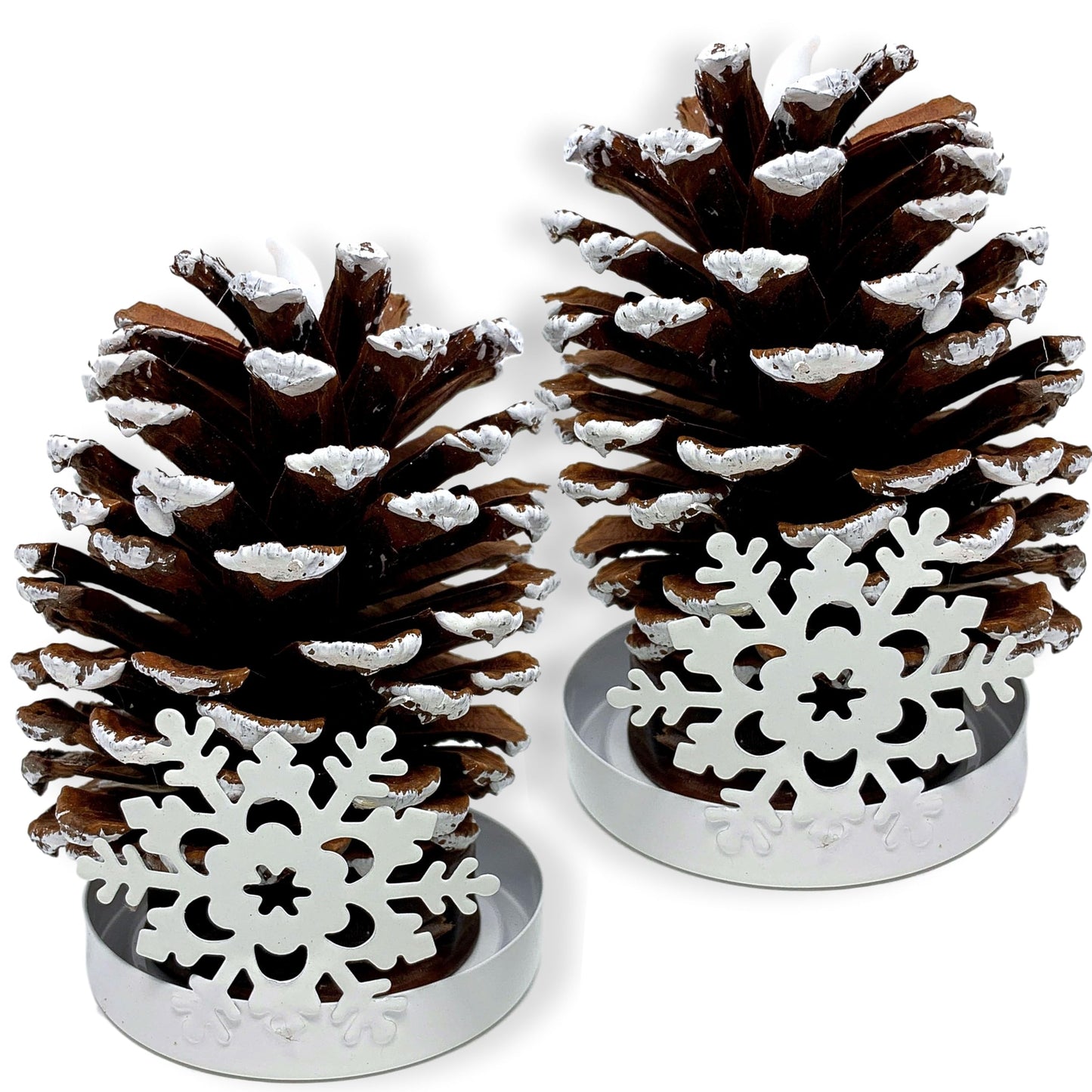 LIghted Pine Cones in Metal Snowflake Holders Christmas Decor - Set of 2 - Real Pinecones with White Snowflake Holders - Flameless LED Candles Brushed with Snow - Measures 5 1/2"H X 3"W