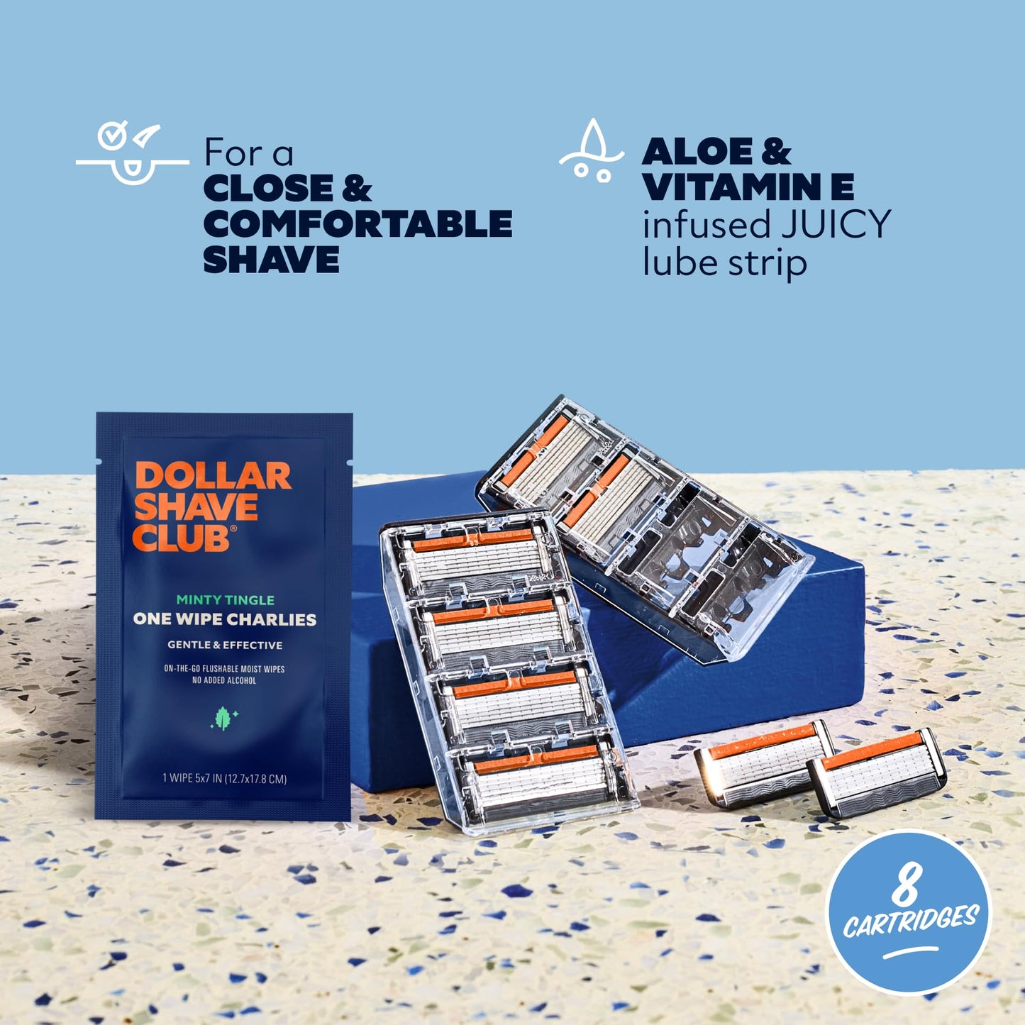 Dollar Shave Club | 6 Blade Razor Refills (8 Pack) | 6 Stainless Steel Blades for a Close & Comfortable Shave, 1 One Wipe Charlies