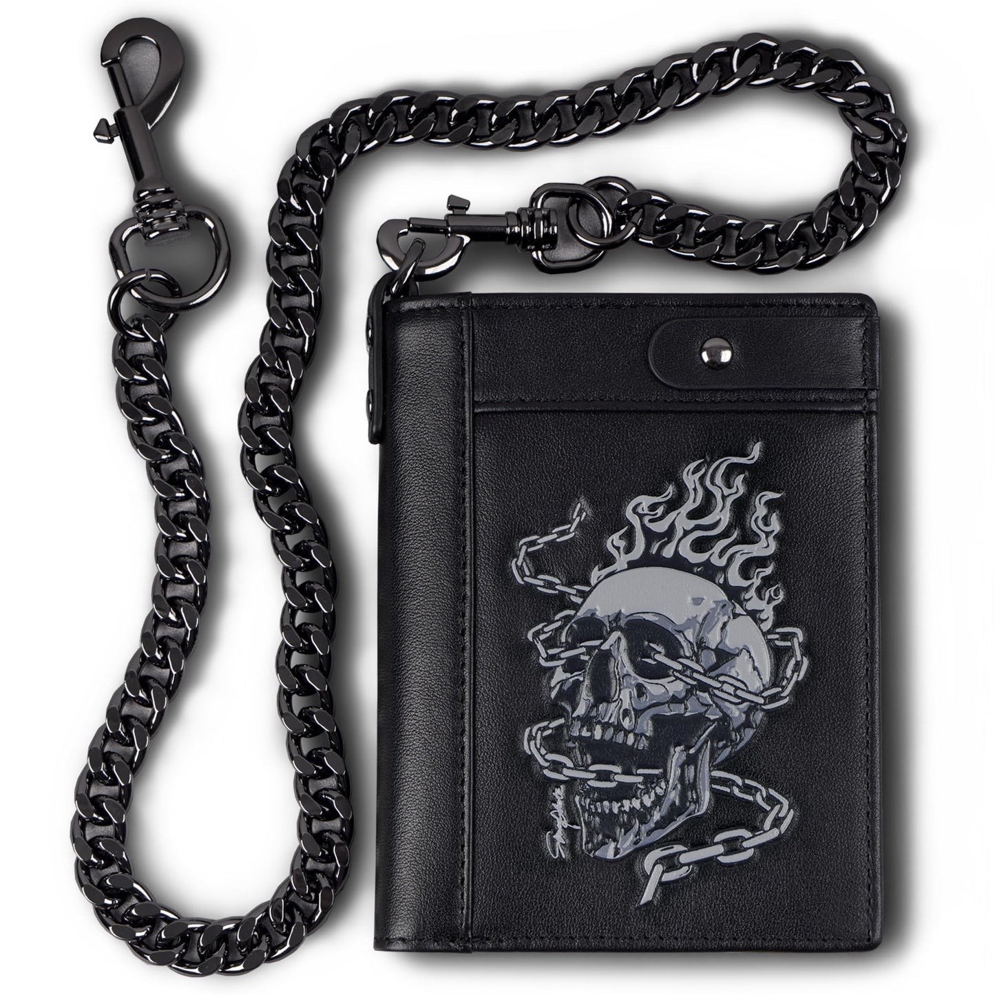 skneephate Mens Leather Wallet With Chain Skull Bifold Wallets Zipper Coin Pocket Rfid Blocking Gift For Him Husband (black)