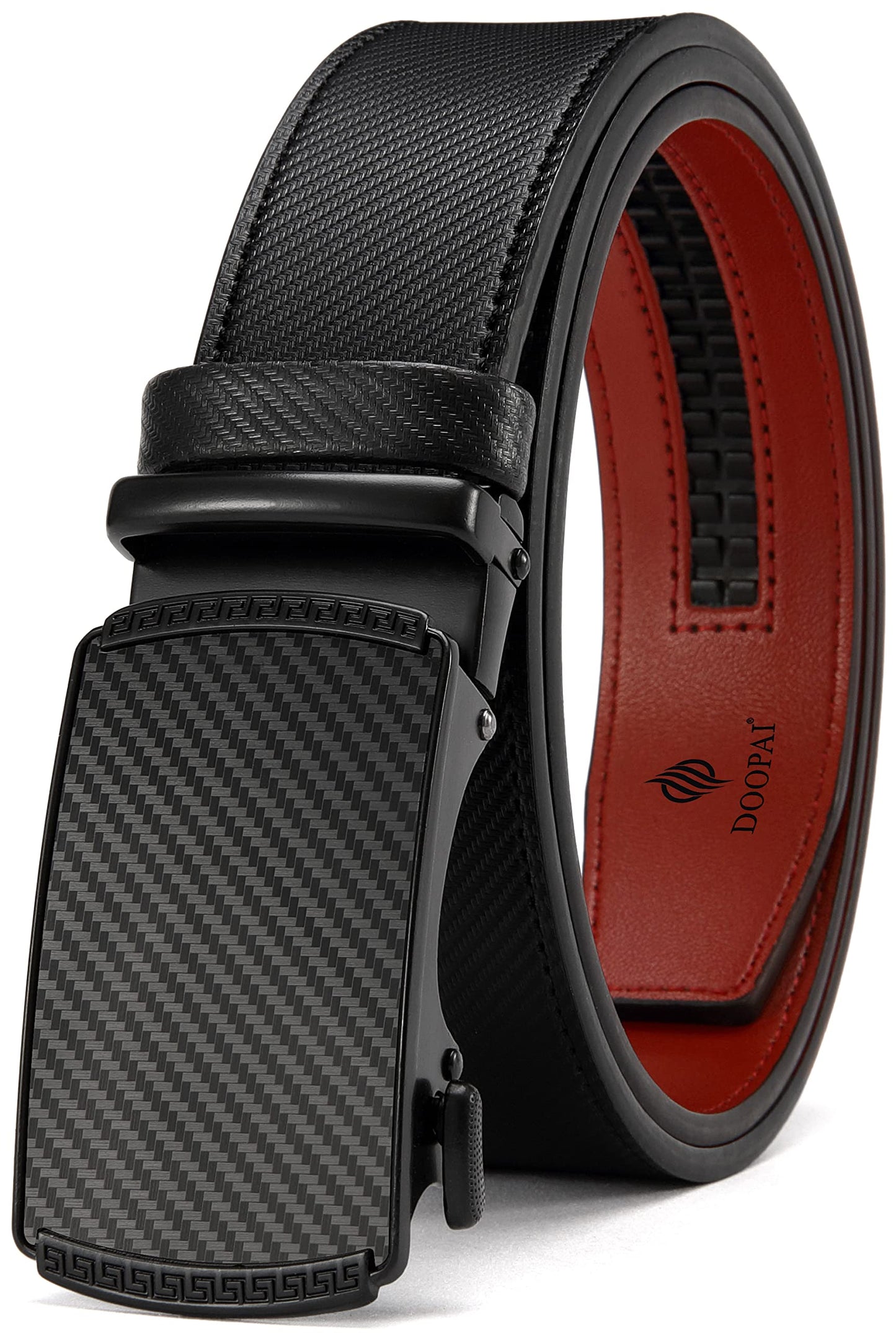 DOOPAI Men's Ratchet Dress Belt - Genuine Leather, Adjustable 1 3/8" Width, Black, Metal Buckle, Cuttable Size, Gift Box Included