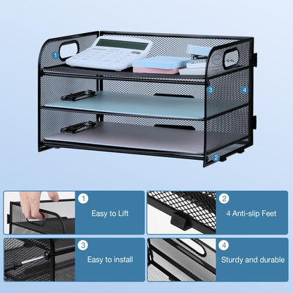 NCXTKJ 3-Tier Letter Tray Paper Organizer with Handle, Compact Mesh Desk File Organizer for Home Office Supplies Desktop Accessories,Black