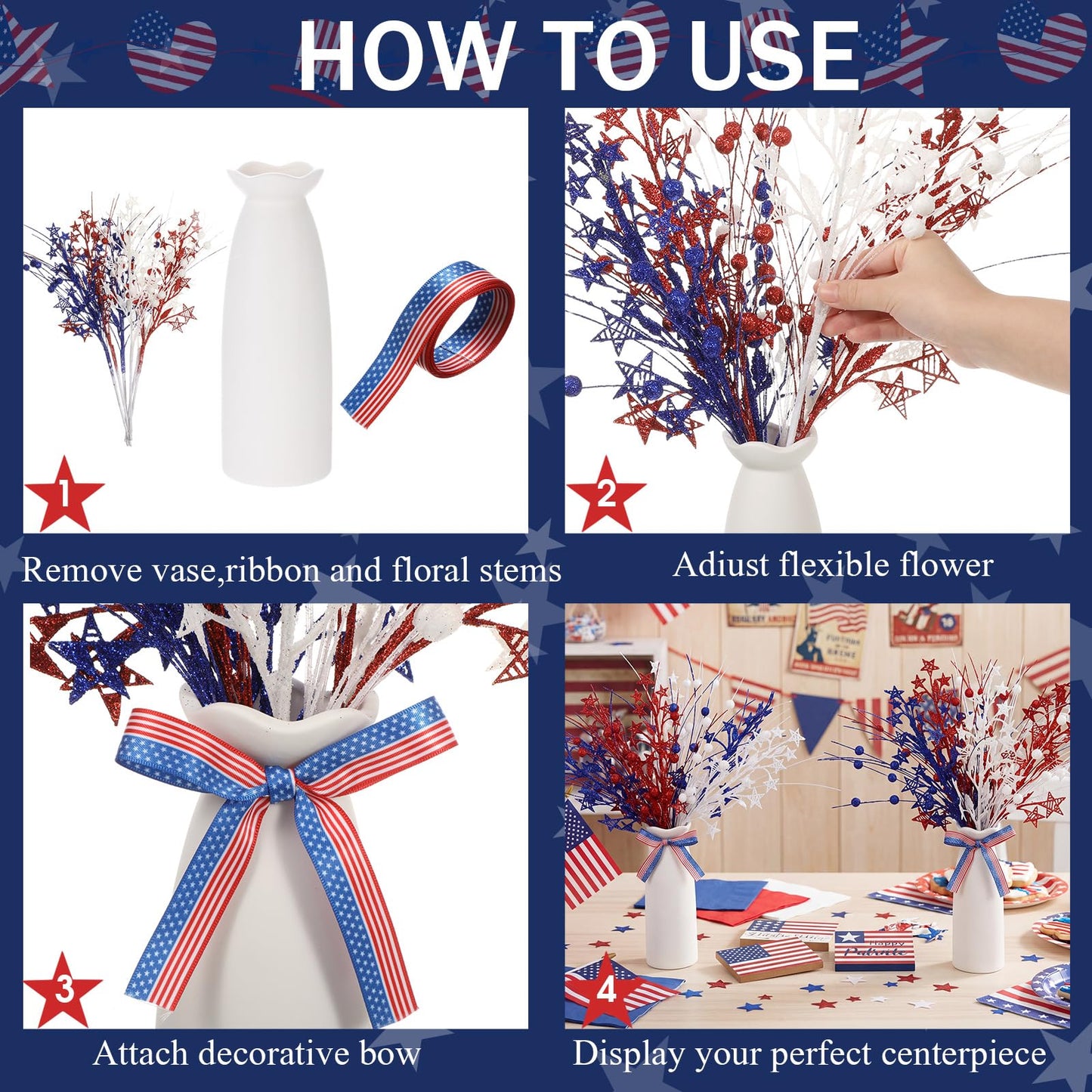 Weysat 4th of July Decorations 2 Sets Artificial Flowers and Vase Red Blue White Patriotic Flowers Memorial Day Floral Arrangement for 250th Anniversary Home Outdoor Table Decor(Star)