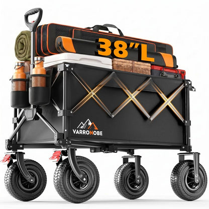 Big Rubber Wheels Beach Wagon Cart Foldable, 9x3 All-Terrain Wheels, Heavy Duty Collapsible Utility Wagon with 330lbs Capacity, Compact Storage, Easy Transport for Sand Camping Sports, Black