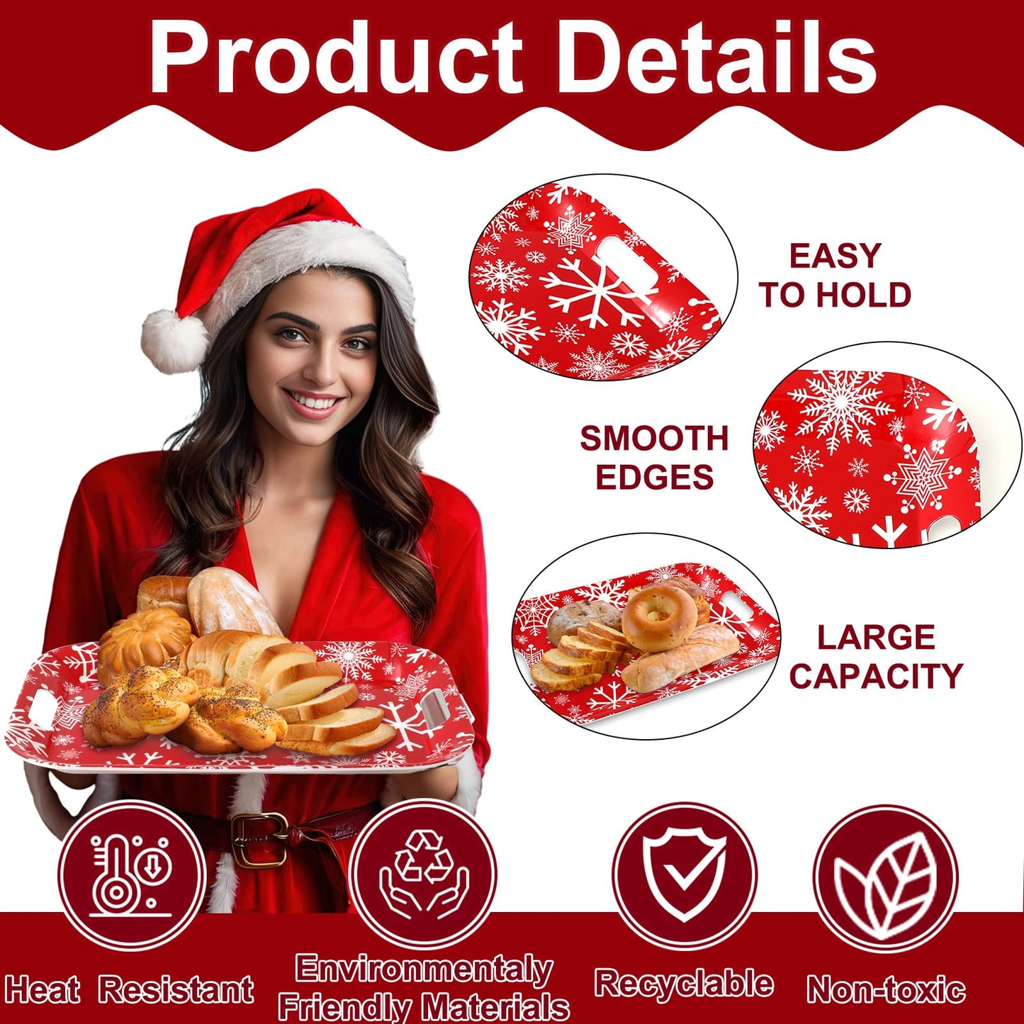 JarThenaAMCS 3Pcs Christmas Boho Serving Trays 16.4 x 11 Inch Xmas Tree Ball Snowflake Platter with Handles Reusable Serving Dishes for Winter Birthday Party Sharing Snacks Fruit Dessert