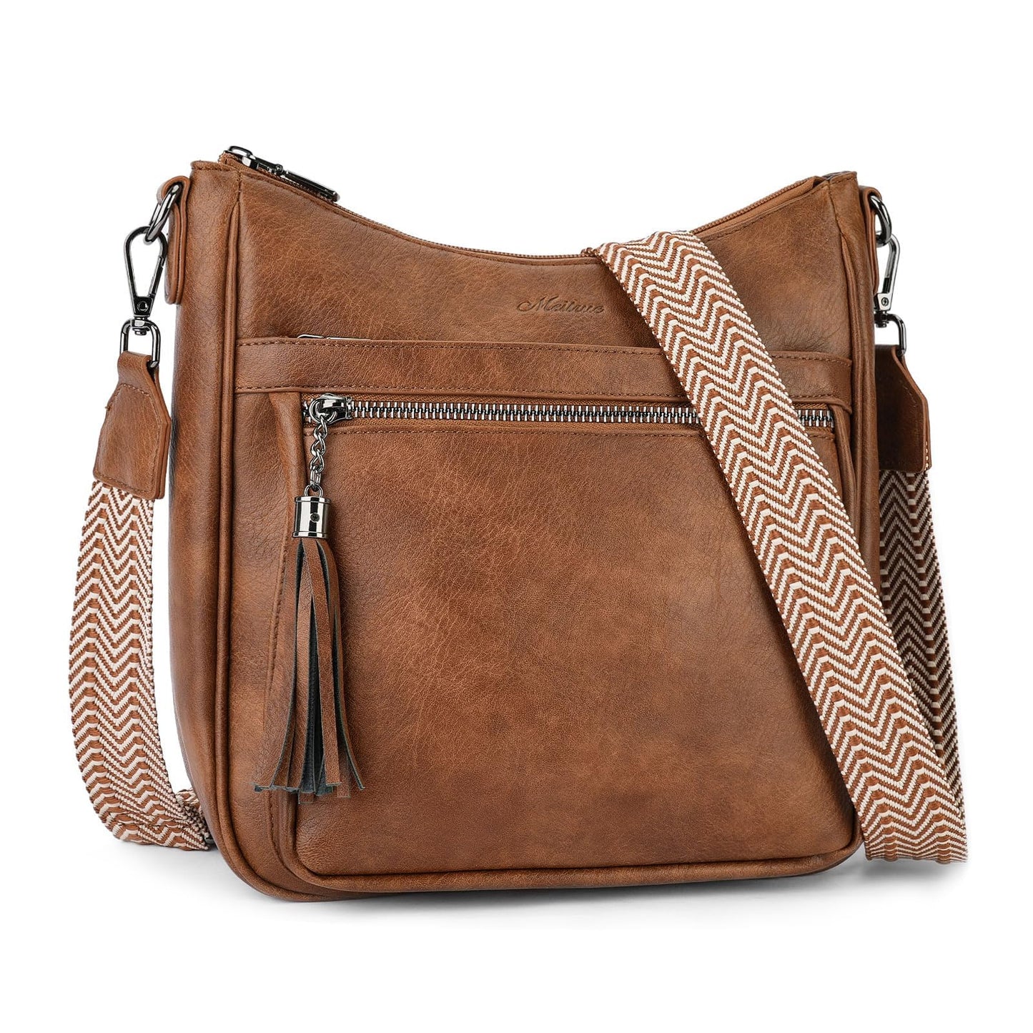 MEITRUE Crossbody Bags for Women Trendy,Vegan Leather Medium Hobo Purse with Tassel Lightweight Shoulder Handbags Multi Pockets Travel Purses Adjustable Strap Brown