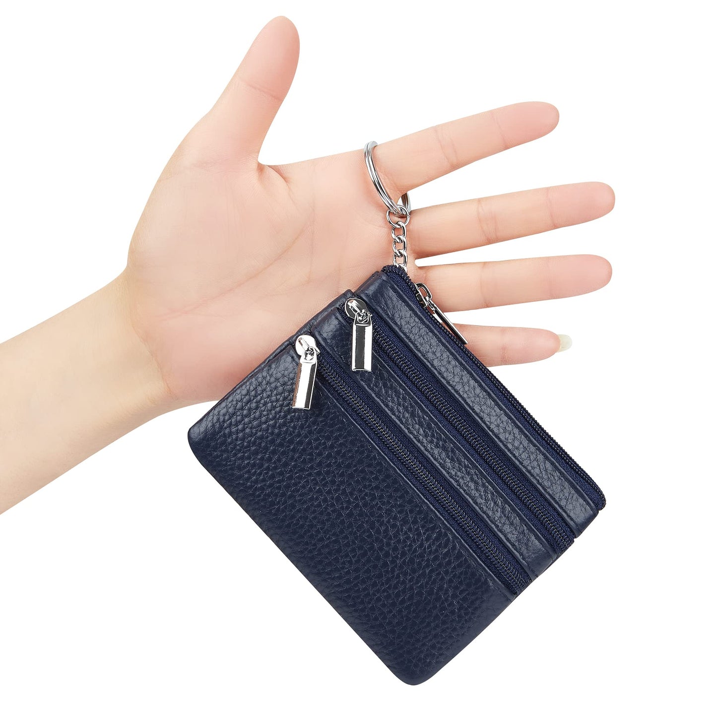 Women's Genuine Leather Coin Purse Mini Pouch Change Wallet with Keychain, navyblue