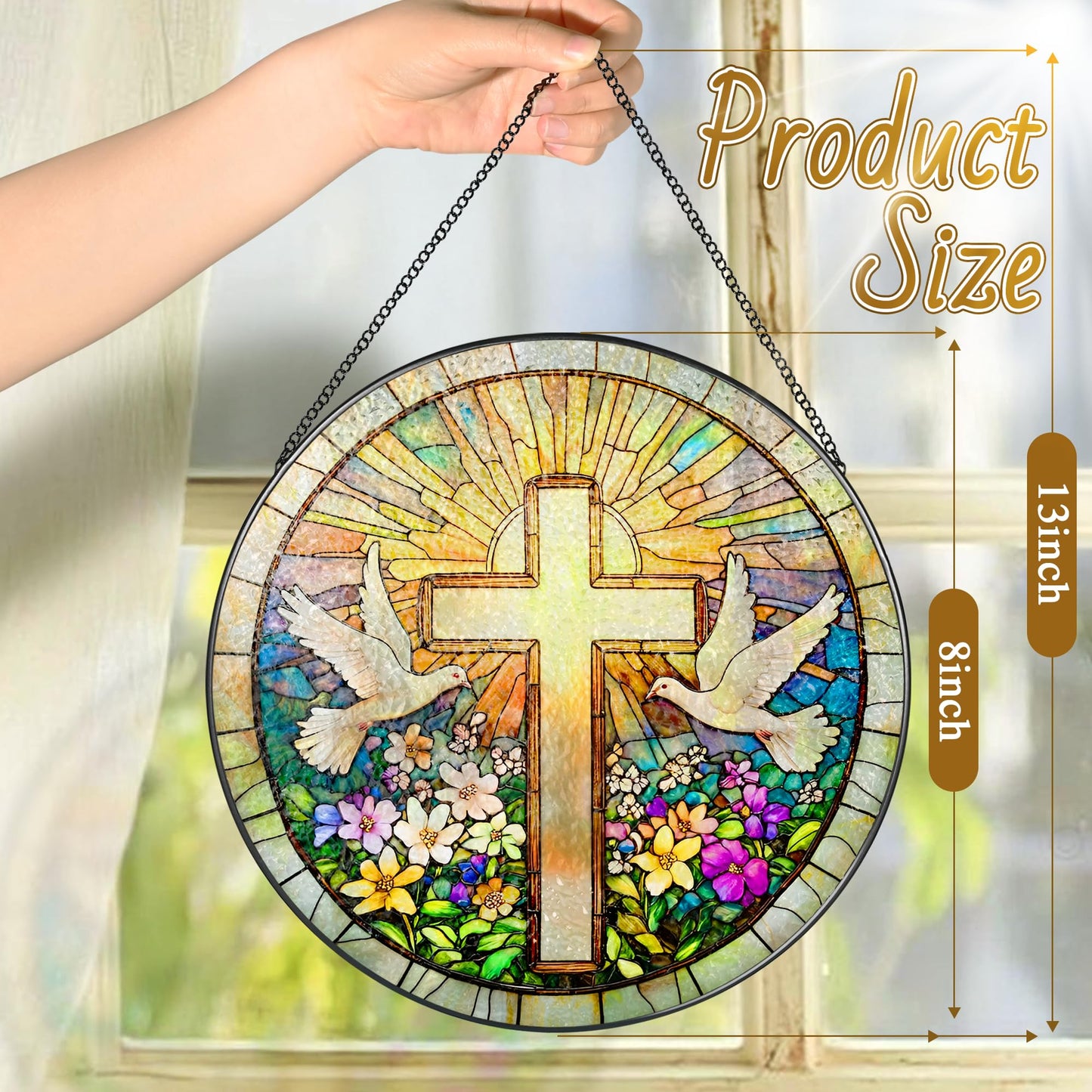 Cross and Wildflowers Stained Glass Suncatcher, 8 Inch Christian Stained Glass Windows Hanging, Flower Cross Gift for Religious, Christian Gifts, Easter Faith Home Decor