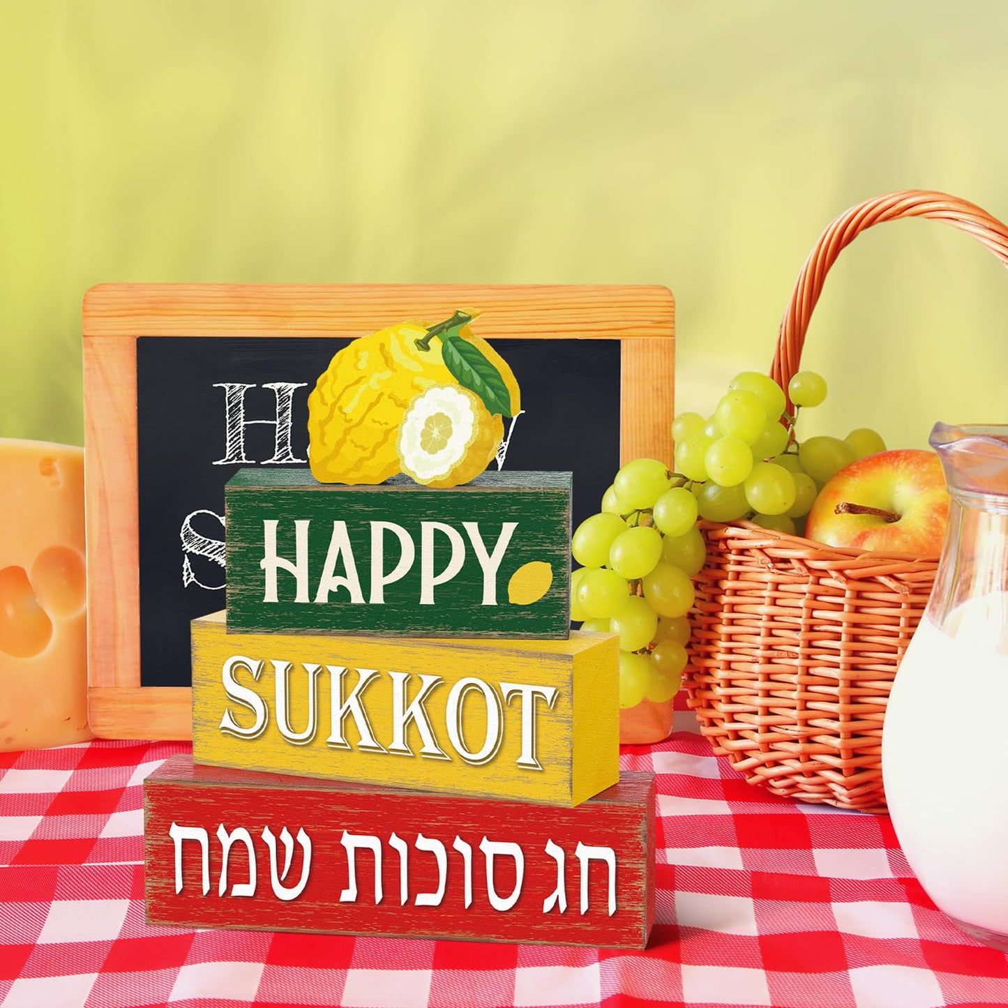 Marsui 4 Pcs Happy Sukkot Table Decor Rustic Sukkah Decorations Etrog Wooden Signs Centerpiece Farmhouse Sukkot Tiered Tray Decor for Home Office Desk Jewish Festival Decorations