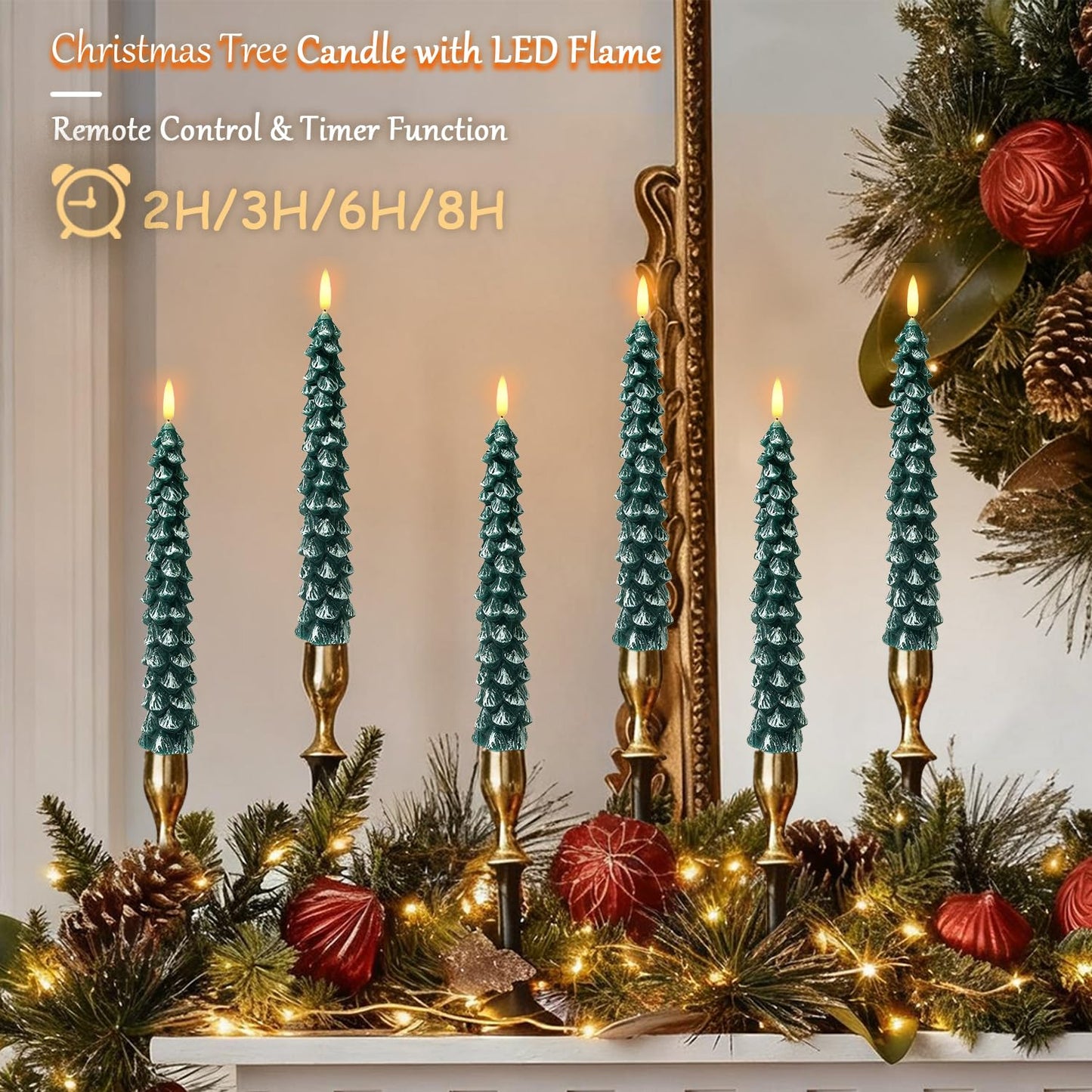 ilifemate Christmas Tree Candles Lights with Timer, Flameless LED Candles with Remote, 2 Modes & Brightness, Battery Operated Christmas Decorations for Holiday Party & Home Decor 6 Pcs