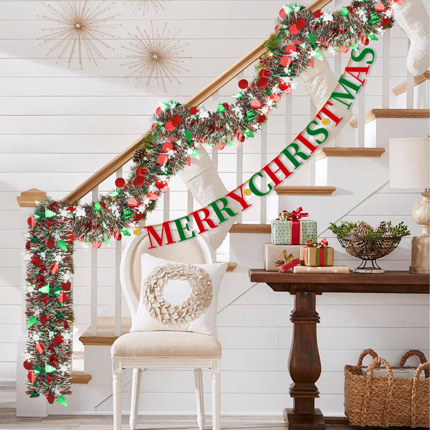 39ft Christmas Tinsel Garland Decorations Xmas Tree Glitter Metallic Twist Garland with Snowflake Hanging Decor for Mantel Stairs Home Indoor Outdoor Party Supplies