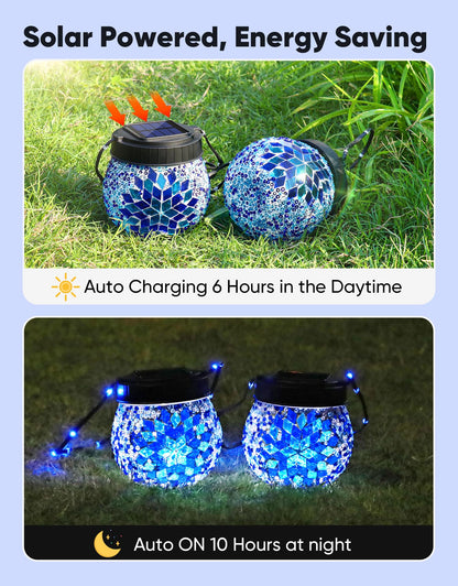 Mosaic Solar Lights Outdoor 6 Pack, Solar Hanging Lanterns Christmas Halloween Gifts for Women Mom Grandma, Waterproof Glass Globe Lights, Garden Patio Decor for Yard, Tree, Balcony, Cold