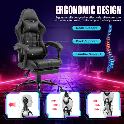 Massage Gaming Chair w/Footrest, Ergonomic High Back PC Chair w/Headrest and Lumbar, PU Swivel Home Desk Office Chair, Black
