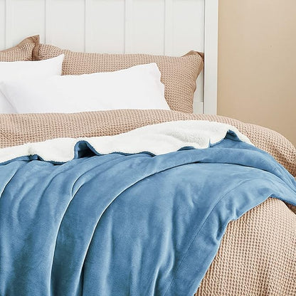 Bedsure GentleSoft Sherpa Fleece Throw Blanket Twin Size for Couch - Thick and Warm Throw for Men, Soft Fuzzy Plush Twin Blanket for Winter, Washed Blue, 60x80 Inches