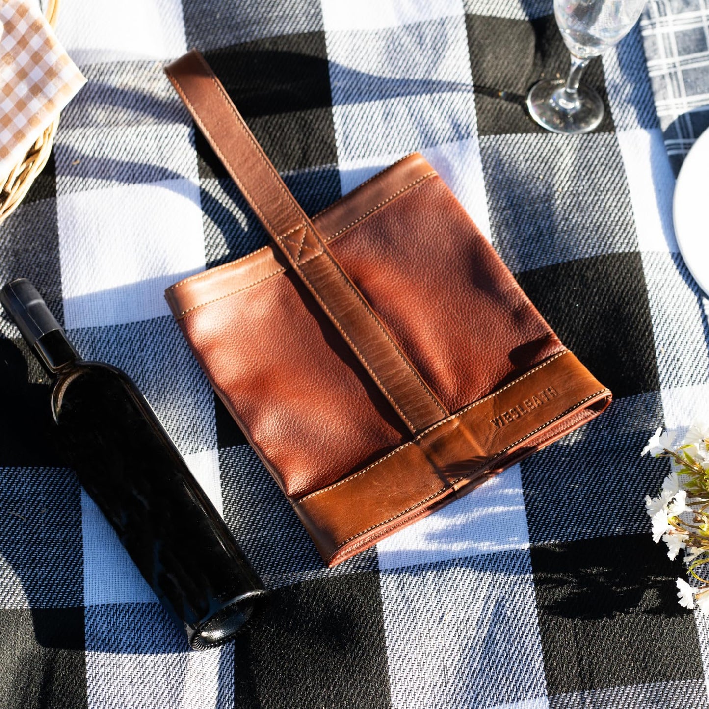 WESLEATH Double Wine Carrier Bag – Leather Wine Tote for Two Bottles with Handle – Protective Carrier for Picnic, Wine Champagne Gift Bag (Sunset)