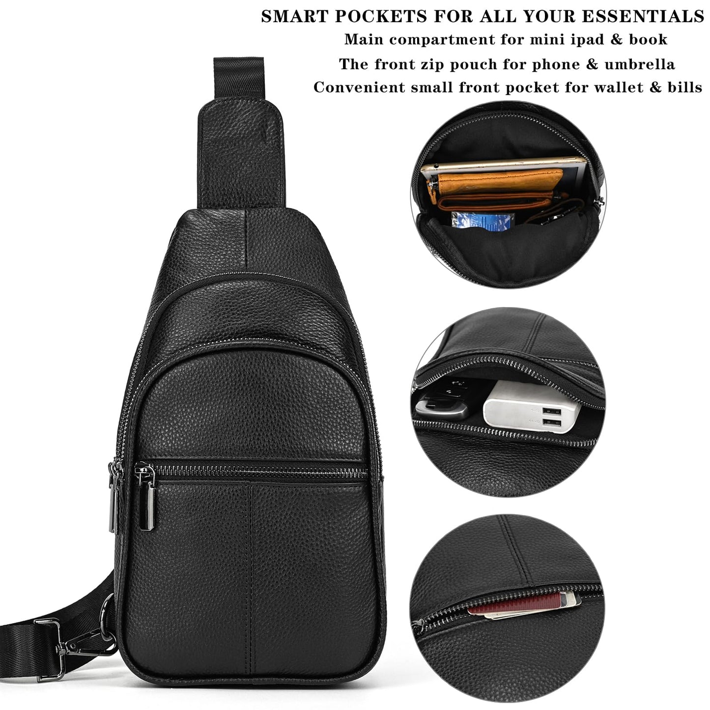 Small Leather Sling Bag Crossbody for Men Women One Strap Shoulder Cross Body Bag Sling Backpack for Travel, 9342 Black