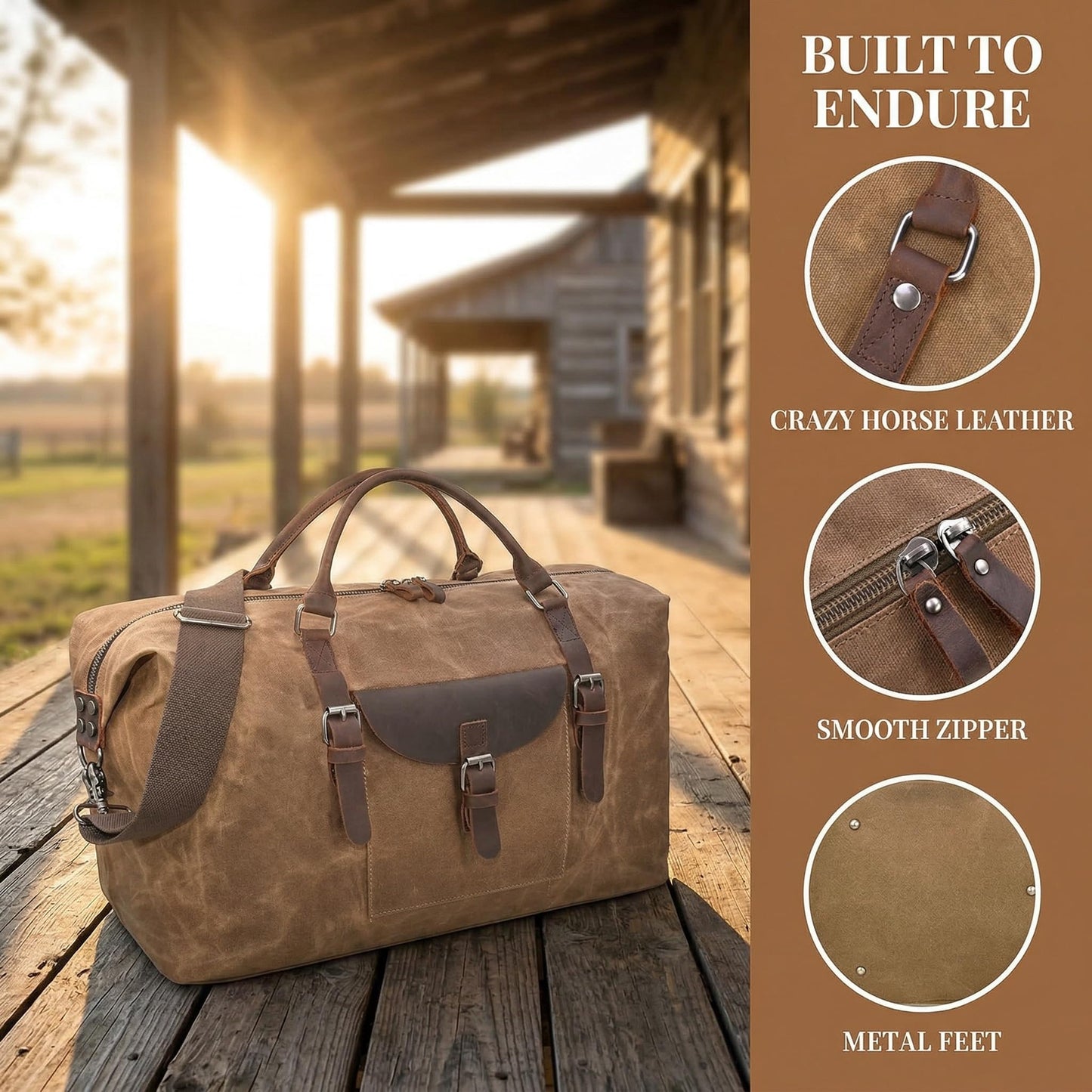 NEWHEY 55L Travel Duffel Bag, Waterproof Waxed Canvas & Leather Weekender Bag for Men, Large Carry-on Overnight Bag for 4-5 Day Business Trips & Weekend Getaways, Brown