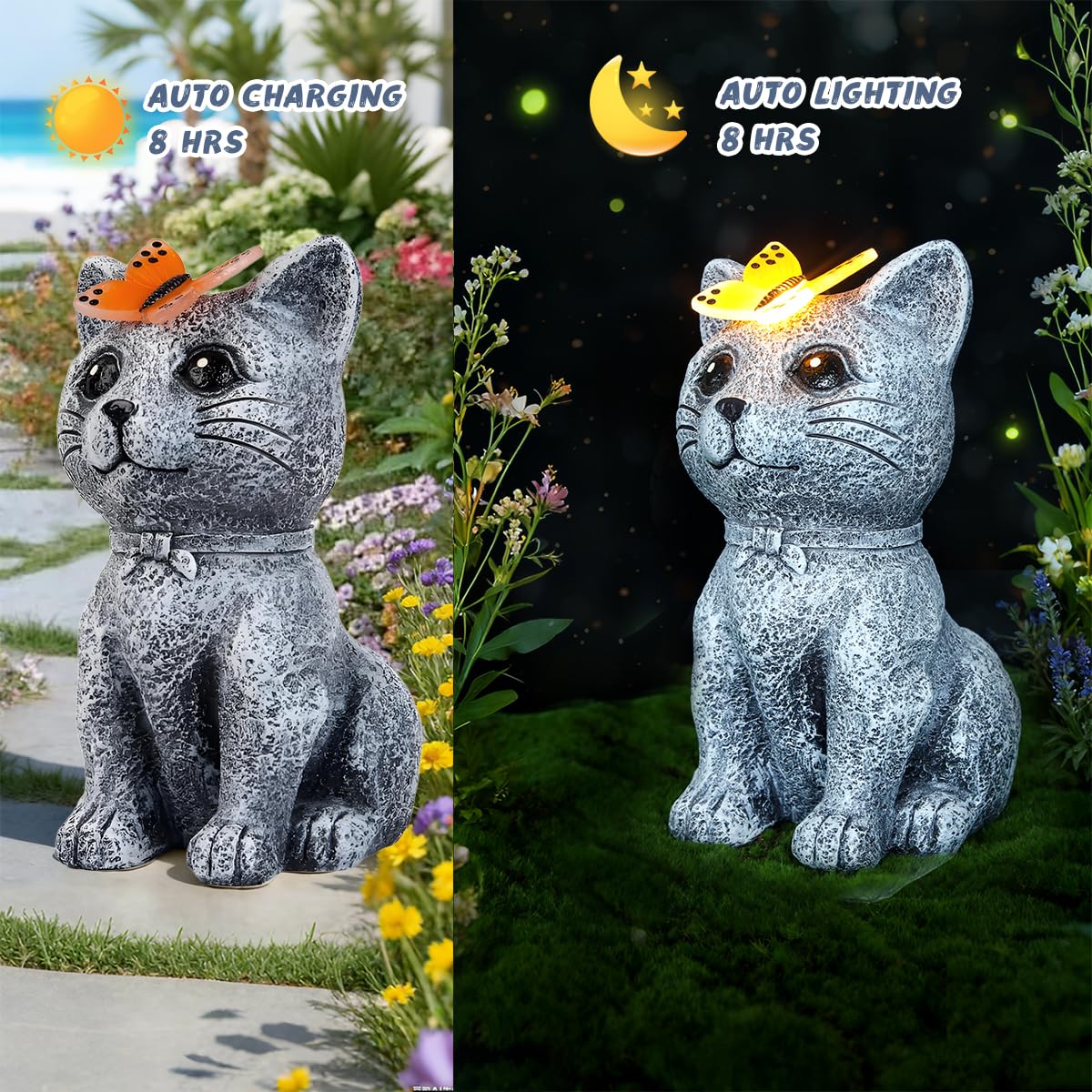 gardery Solar Cat Garden Statues Outdoor Decor with Butterfly for Waterproof Yard Lawn Patio Balcony Porch Home Decor, for Mom Grandma Women Housewarming