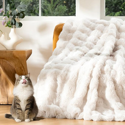 Luxury Faux Fur Throw Blanket 3D Bubble for Couch - Fluffy Blanket Double-Sided Non-Shedding, 50x60 Inches, Fits Bed/Car/Camping/Patio, Gift for Women,Room Decor,White