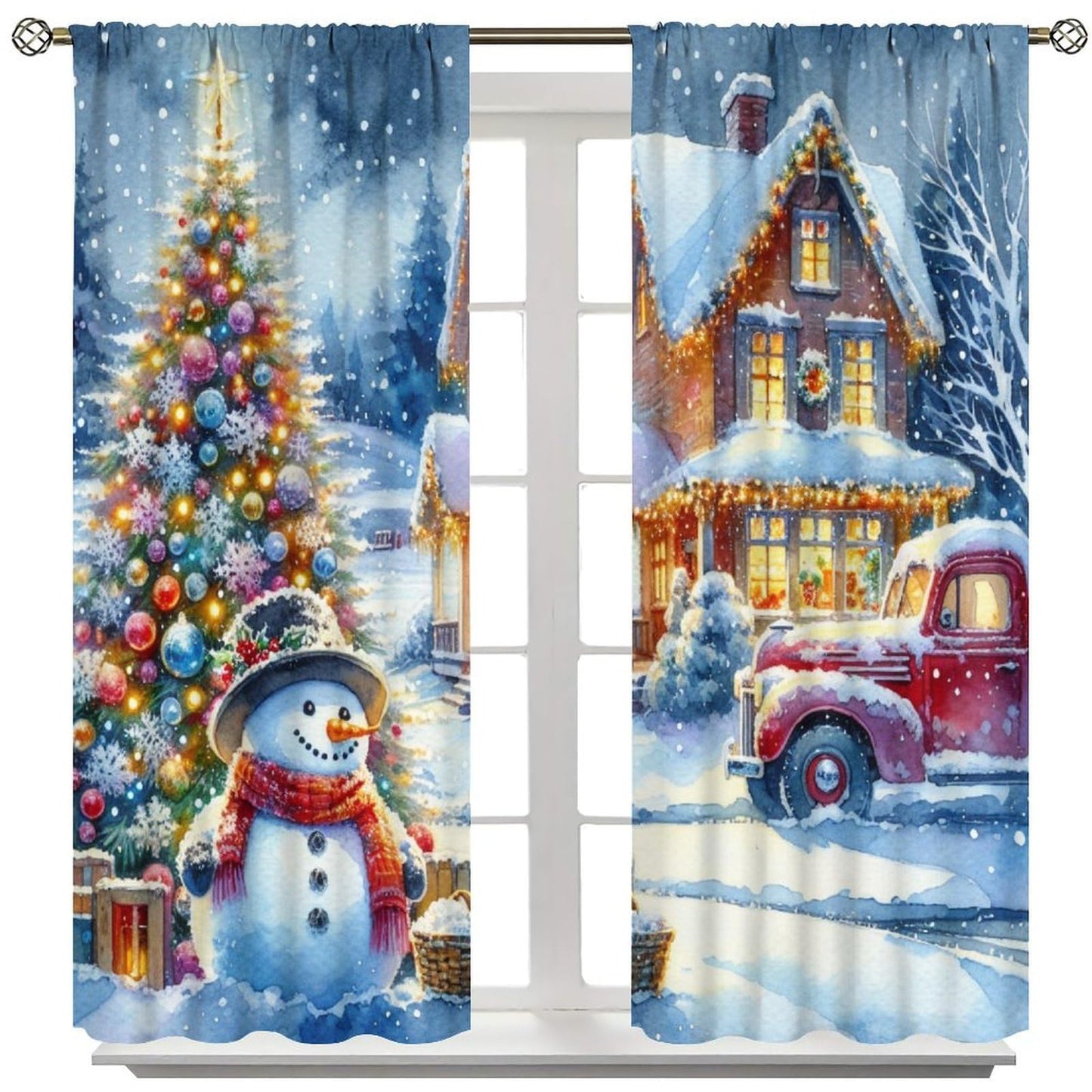 Merry Christmas Curtain Red Truck Xmas Tree Snowman Winter Cabin Holiday Window Treatment for Living Room Bedroom Kitchen Cafe Study Dinin Merry Christmas Decor Window Drapes 42"W X 45"L