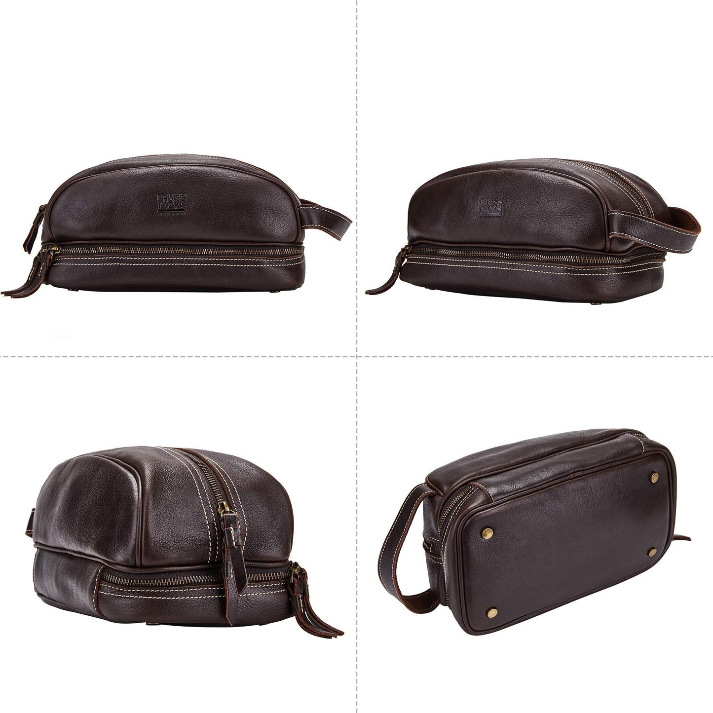 BRASS TACKS Leathercraft Travel Toiletry Organizer Dopp Kit Water-resistant Genuine Leather Shaving Bag for Toiletries Accessories For Men Women (Dark Brown)