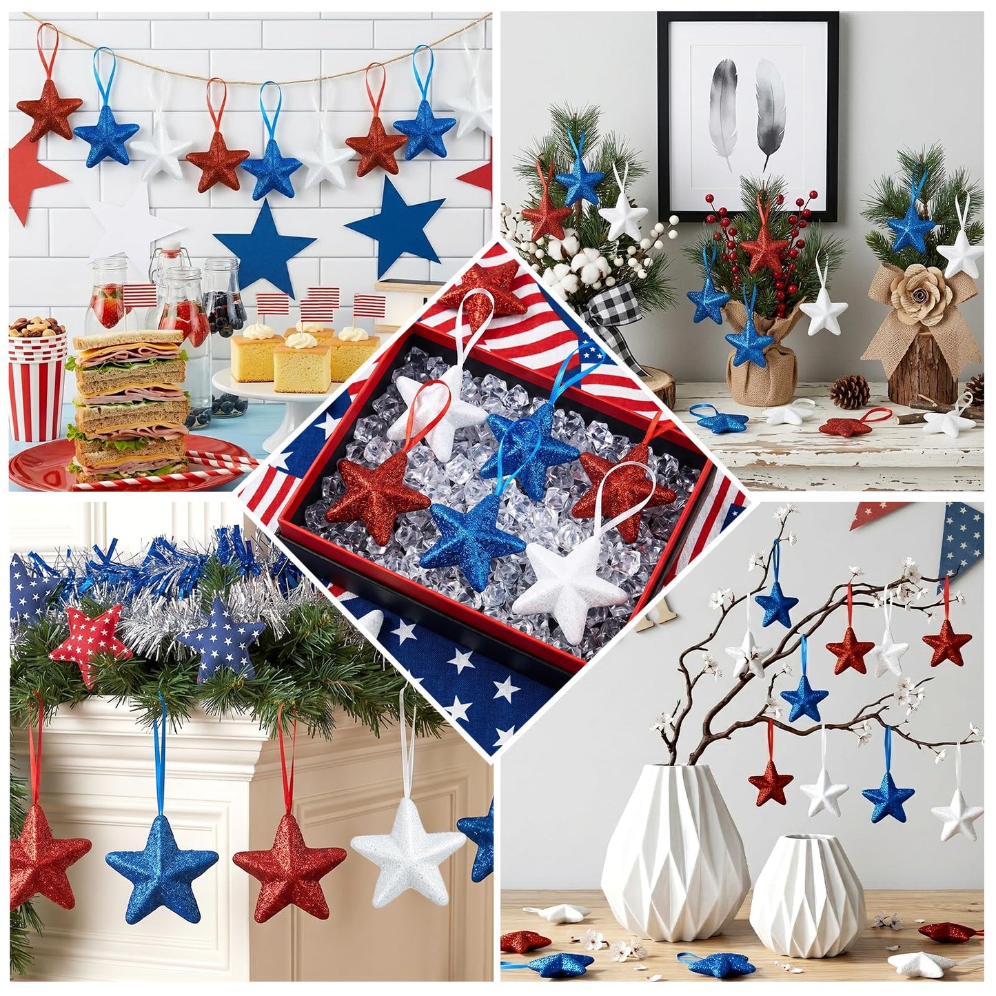 Patriotic Star Tree Ornaments 4th of July Star Hanging Decorations 24 Pcs Red Blue White Stars Tree Ornament Memorial Day Independence Day Hanging Stars for Patrictic Veteran Day Home Decor