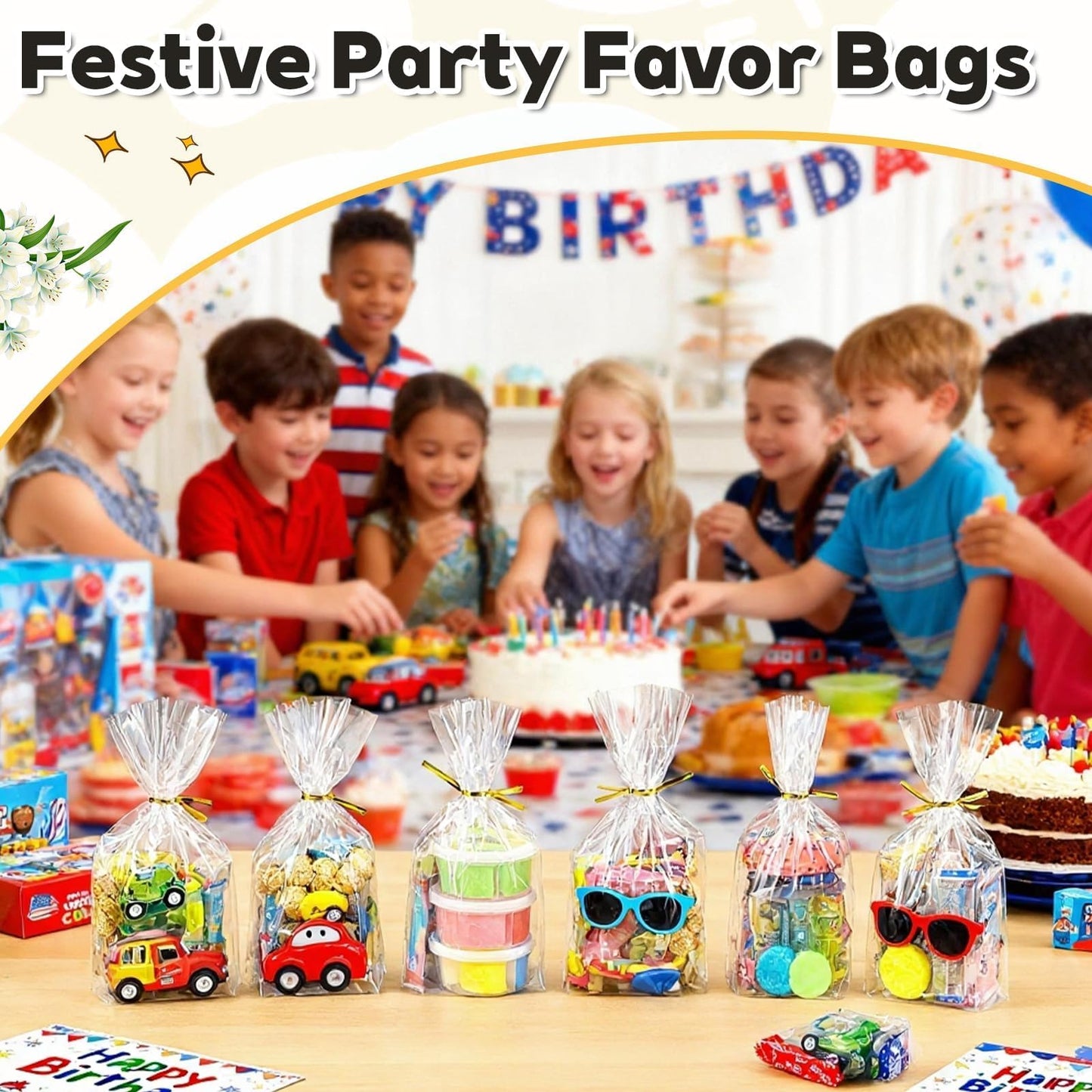 PigPotParty Cellophane Treat Bags 6x9 Inch, 100 Pack Clear Goodie Bags with Bottom Gusset for Stand-Up Display, Small Plastic Gift Wrap for Cookies, Candy, Party Favors, Popcorn, Includes 100 Ties