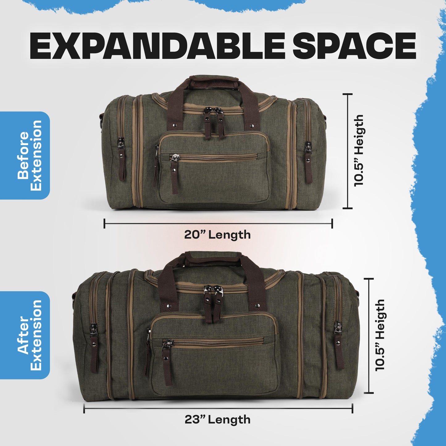 Duffle Bag for Travel 20–23” Expandable (40L) – Lightweight Water-Resistant Carry On Weekender with Multiple Pockets & Shoulder Strap – Airline Approved Travel Duffel Bags for Men & Women - ARMY GREEN