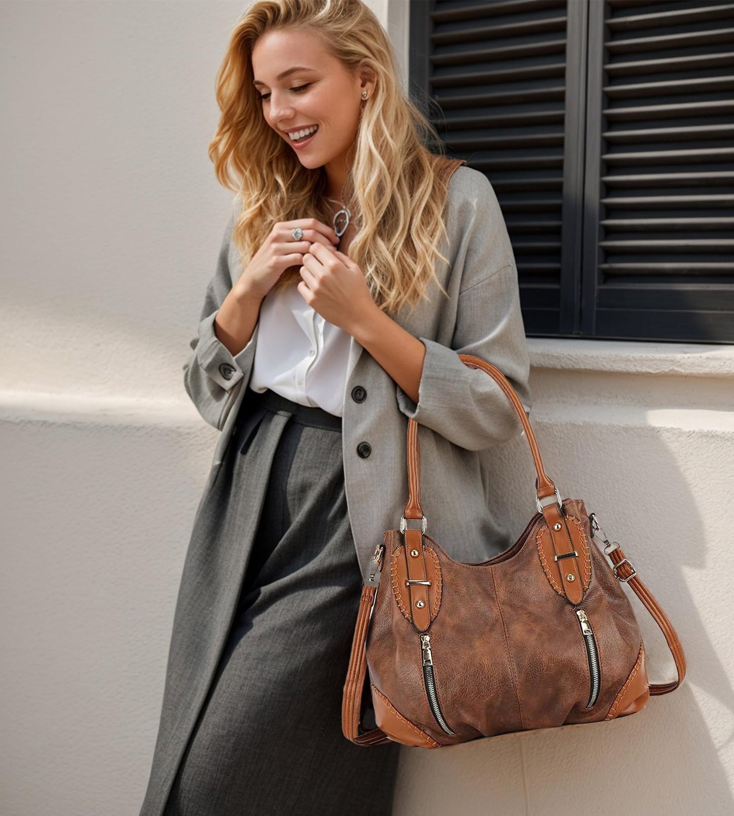 myfriday Vintage Large Leather Tote Handbags for Women, Soft Hobo Shoulder Bag Satchel Purse with Adjustable Strap