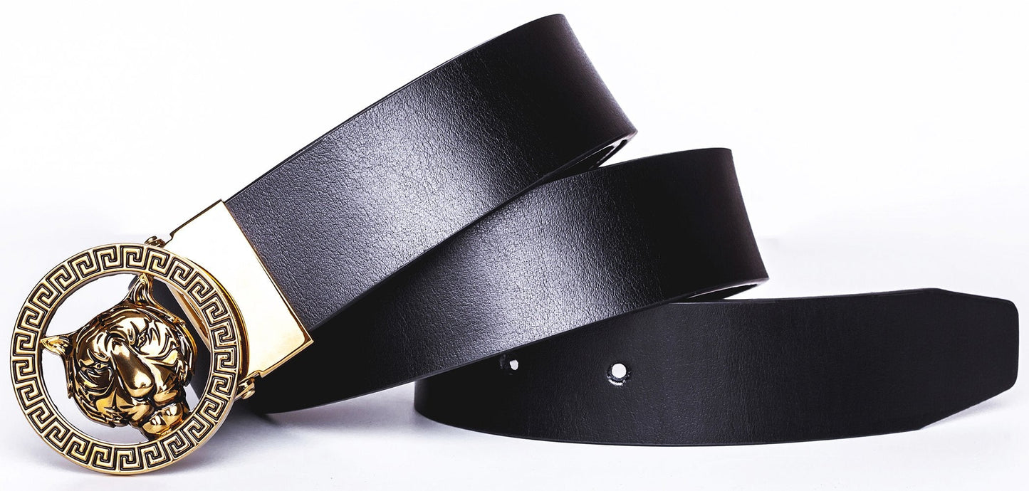 Old John leather Men's Luxury Gold Tiger Buckle 35-mm Italian Leather Belt (105cm/41.3inch(34-36), Black)