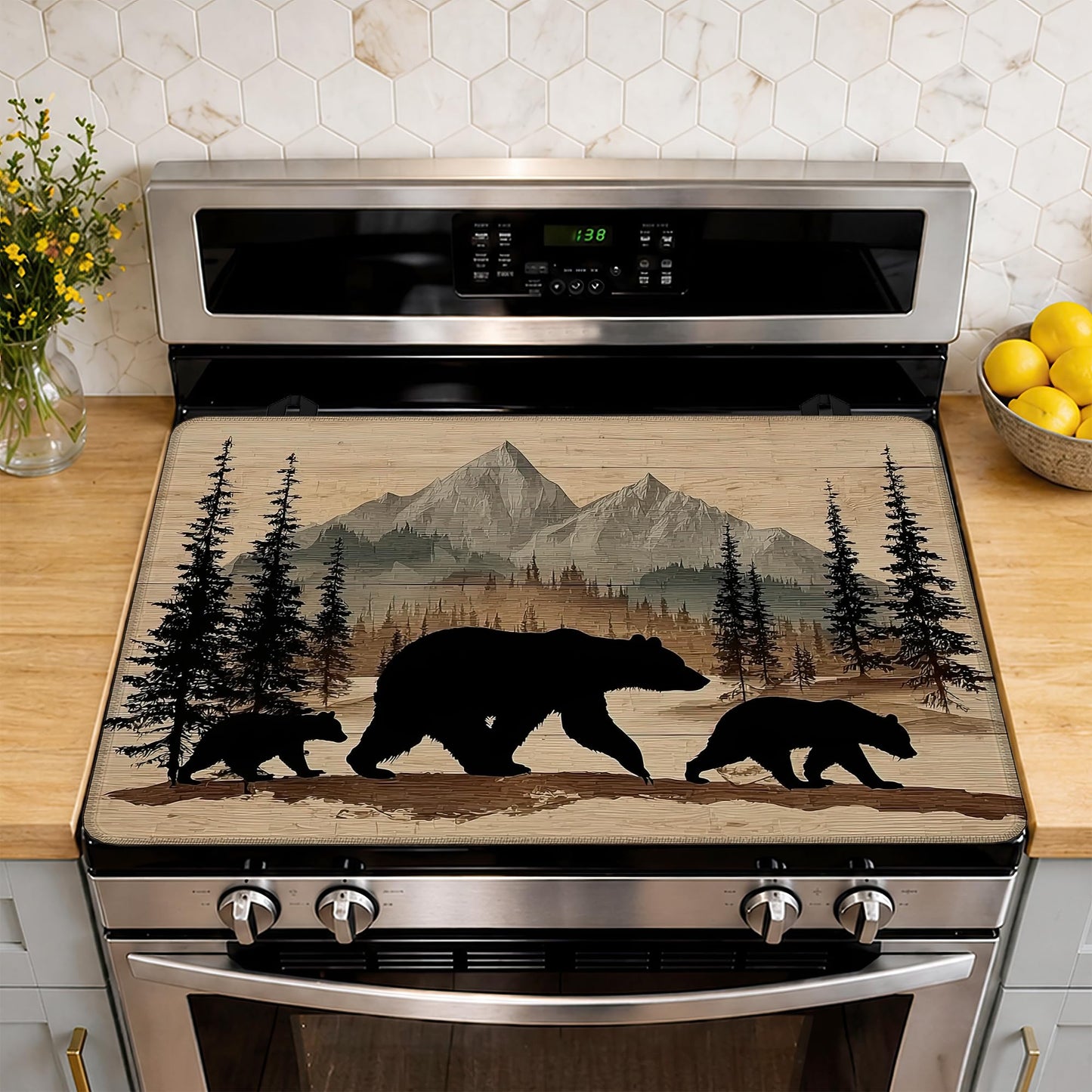 Bear Stove Top Cover Glass Cooktop Heat Resistant Cover,Mountain Forest Ceramic Stove Top Covers Mat Prevents Scratching Stoves/Counter/Washer Protector,28.5x20.5 in
