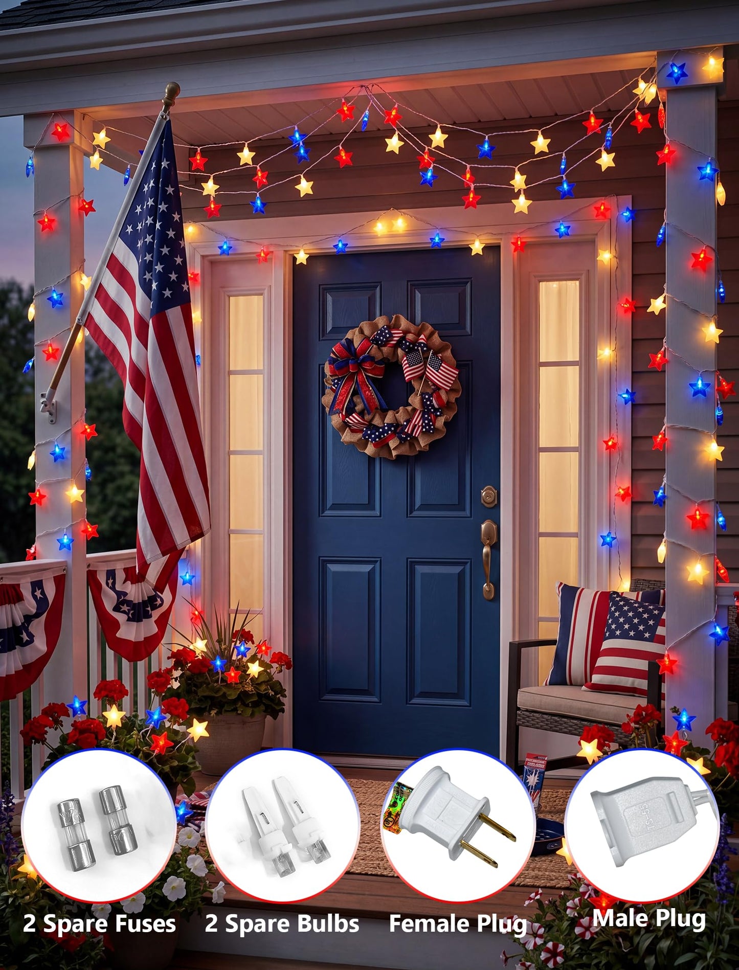 LED Red White Blue Star String Lights Plug in, 8.5Ft 4th of July Decorations Lights with 10 LED Star Light, Hanging Patriotic Outdoor Lights for Independence Day Window Home Patio Party Garden Decor