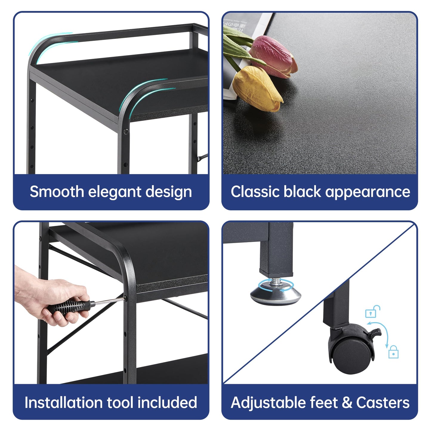 Fannova 2 Tier Under Desk Printer Stand with Storage, 20 Inches Deep Large Printer Table with Height Adjustable Shelf, Rolling Printer Cart with Wheels for Home Office - Black