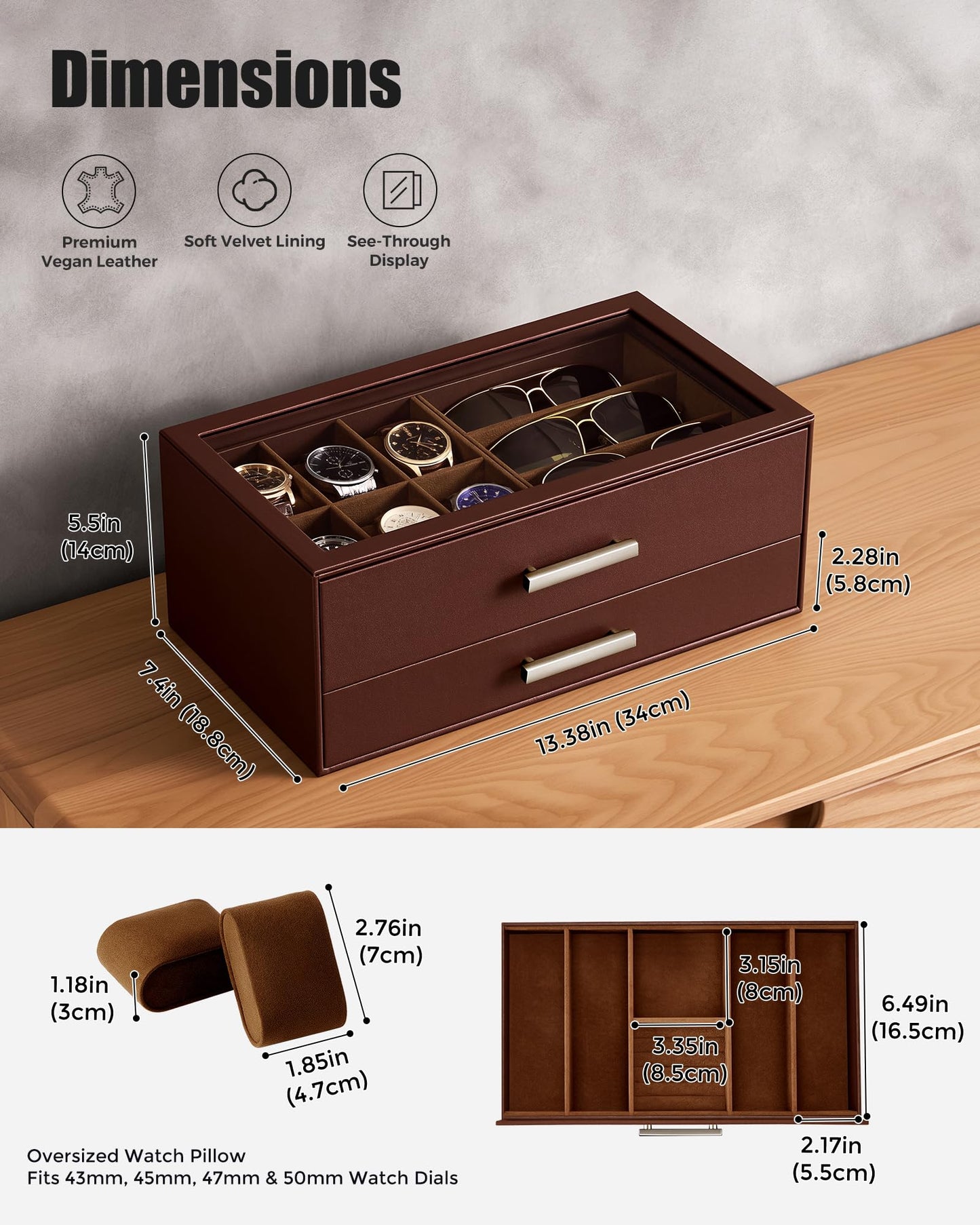 ProCase Mens Jewelry Box Pull-Out Drawer, 6 Slot Watch Case & 5 Slot Sunglasses Organizer, Fathers Day Gift for Dad, 2-Tier Leather Watch Box with Glass Display Top, Gift for Men & Women-Espresso