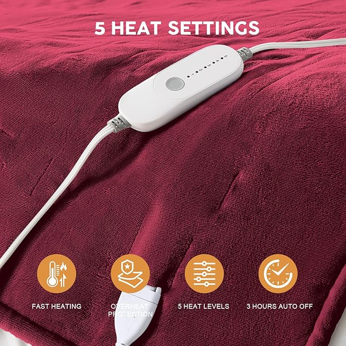 HYLEORY Heated Electric Blanket Full 72"x84" Soft Fleece & Flannel with 5 Heating Levels & 10 Hours Timer Auto Shutt Off, ETL Certified, Washable，Heated Blanket for Body-Red