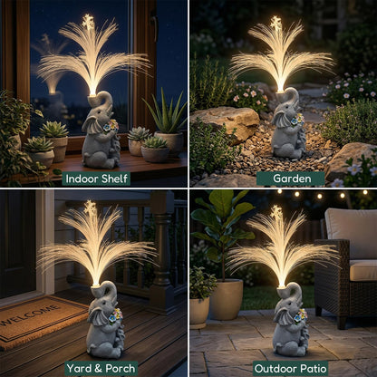 Vuees Solar Elephant Statue with Fiber Optic Light, Resin Animal Figurine Garden Decor, Waterproof Outdoor Sculpture Ornament for Patio, Yard, Porch and Lawn Decoration