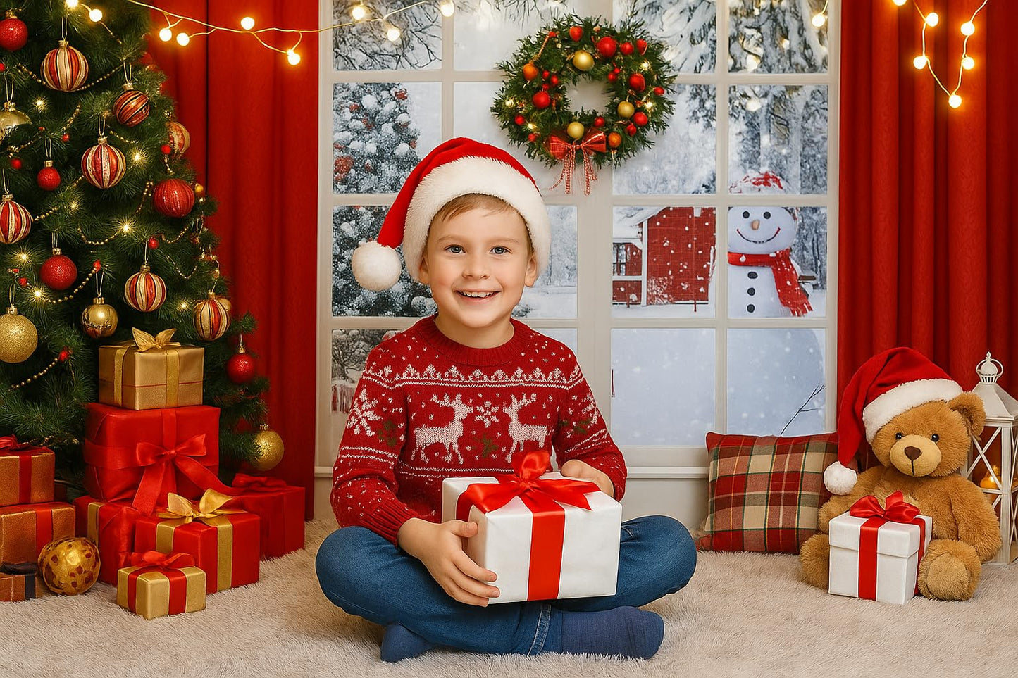 Christmas Window Backdrop 8x6ft Red Curtain Photography Backdrop Winter Xmas Party Banner Decorations Background Xmas Holiday Party Photo Booth D649