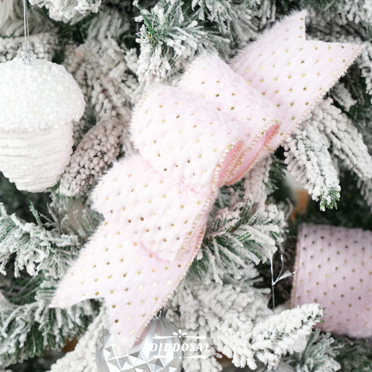 DINDOSAL Pink and Gold Christmas Ribbon 2.5" X 10 Yards Pink Faux Fur Wired Ribbon for Christmas Tree Decoration, Polka Dot Ribbon Wired for Bows, Wreaths, Garlands, Gift Wrapping, Home Decor