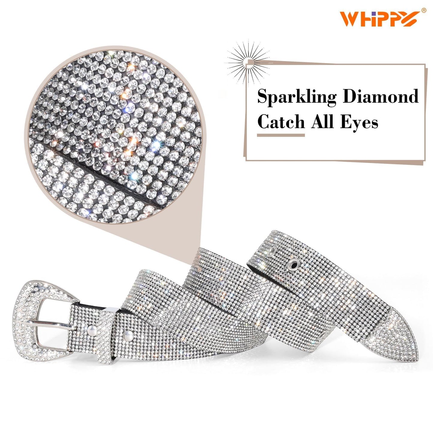 WHIPPY Rhinestones Leather Belts for Women Disco Bling Studded Belt for Jeans Pants Western Cowgirl Shiny Waist Belt, Silver, M
