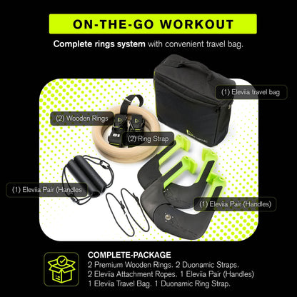 Eleviia Ultimate Pullup Travel Package: 9-Piece Kit Includes The Original Eleviia Doorway Pullup Bar System, Wooden Rings and Travel Straps, and Super Compact Travel Bag