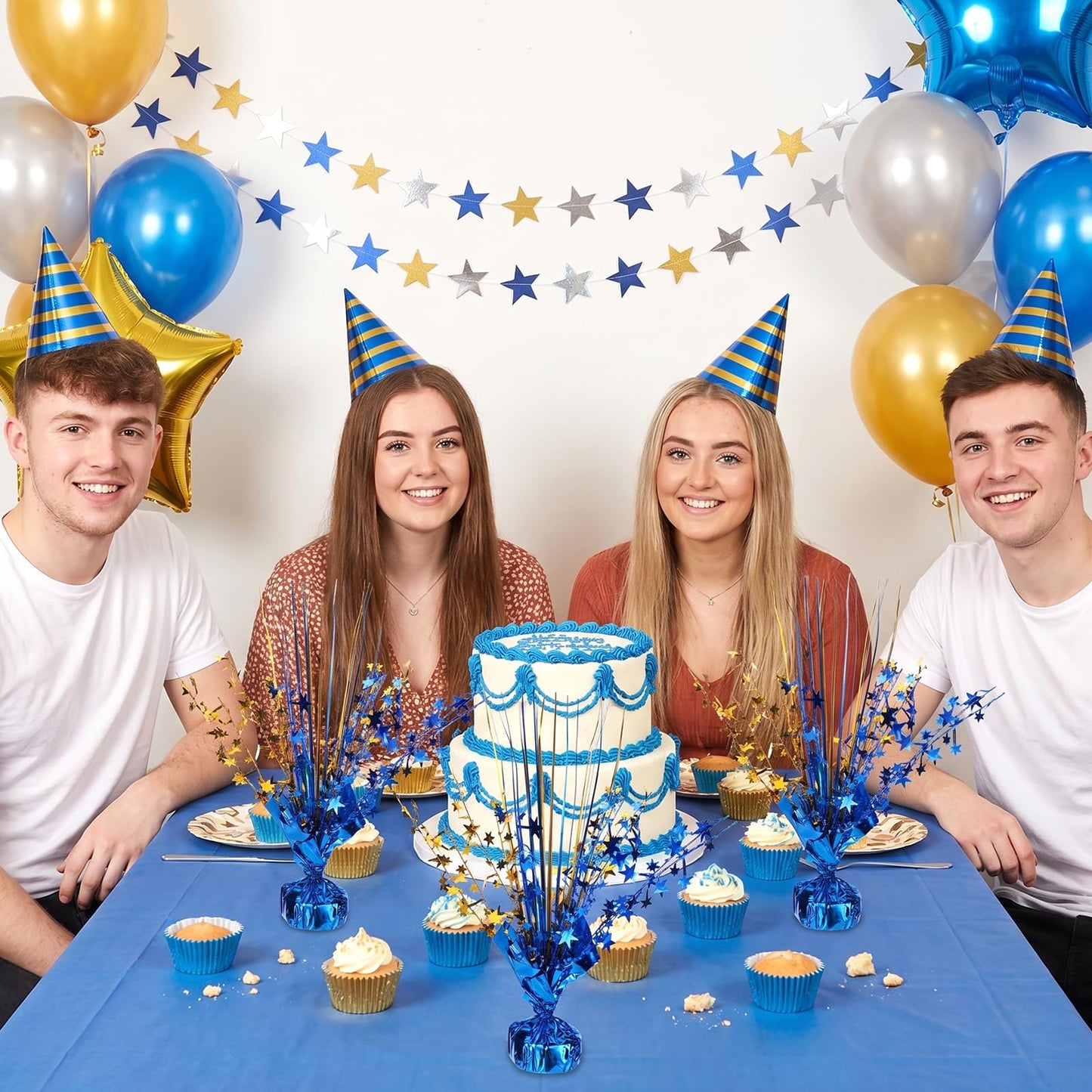 12 Pack Metallic Foil Spray Star Centerpieces for Tables, Blue and Gold Party Decorations for Wedding Birthday Baby Shower Bachelorette Retirement New Years Party Table Decorations