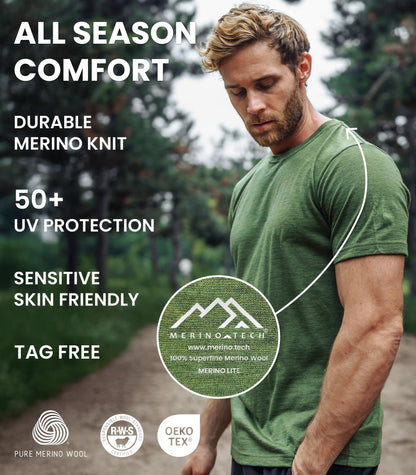 Merino.tech Merino Wool T-Shirt Mens - 100% Merino Wool Undershirt Lightweight Base Layer (Medium, Windsor Blue)