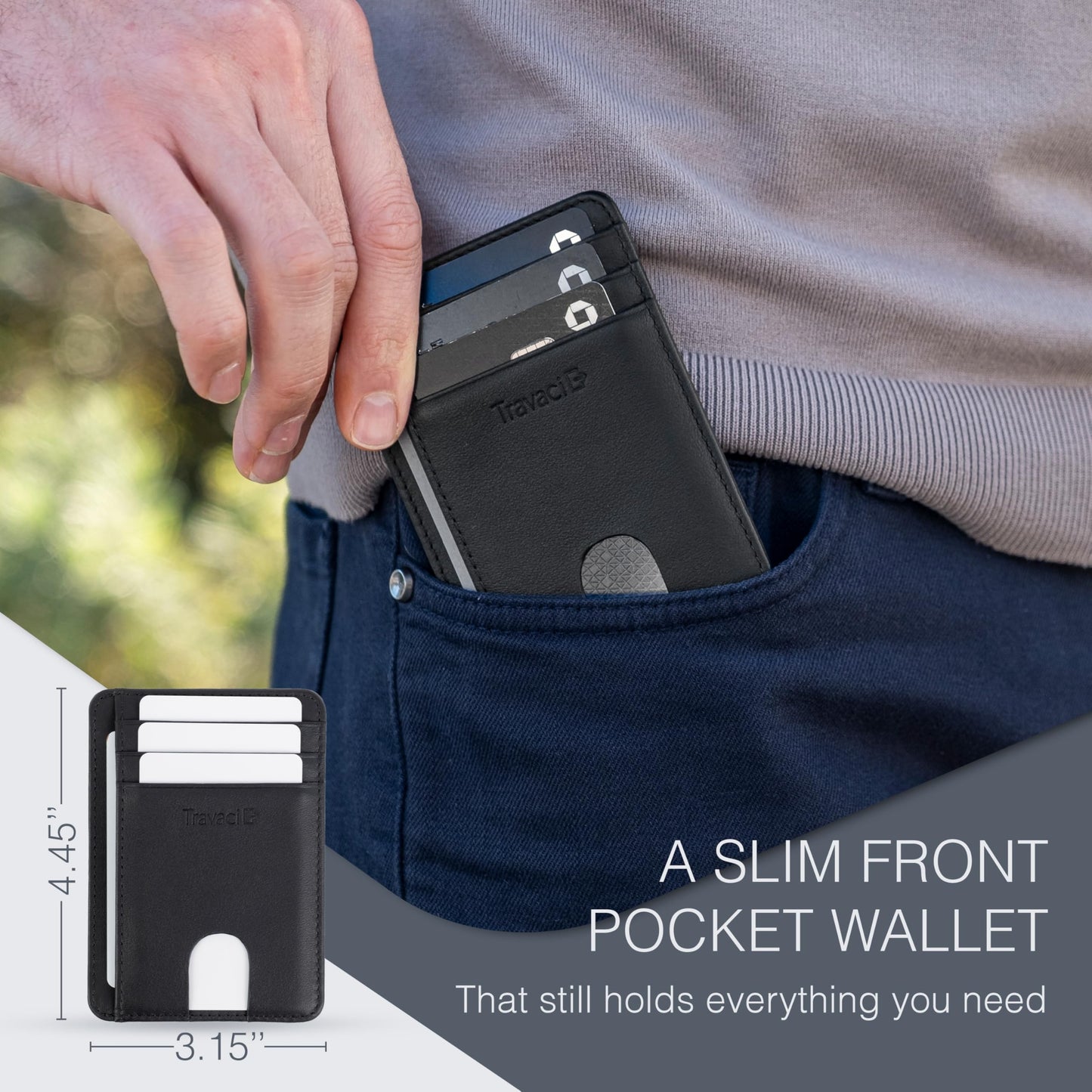 Travaci Full Grain Leather Slim Wallet for Men and Women - Small Minimalist Wallet and Leather Card Holder - Thin Front Pocket Credit Card Holder - Black