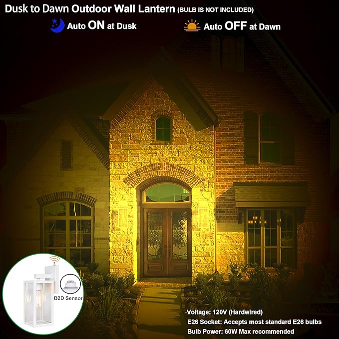 GRUENLICH Dusk to Dawn Large Outdoor Wall Lantern, Wall Sconce as Porch Lighting Fixture, E26 Base Max 60W, Metal Housing with Glass Shade (White, 2-Pack)