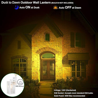GRUENLICH Dusk to Dawn Large Outdoor Wall Lantern, Wall Sconce as Porch Lighting Fixture, E26 Base Max 60W, Metal Housing with Glass Shade (White, 2-Pack)