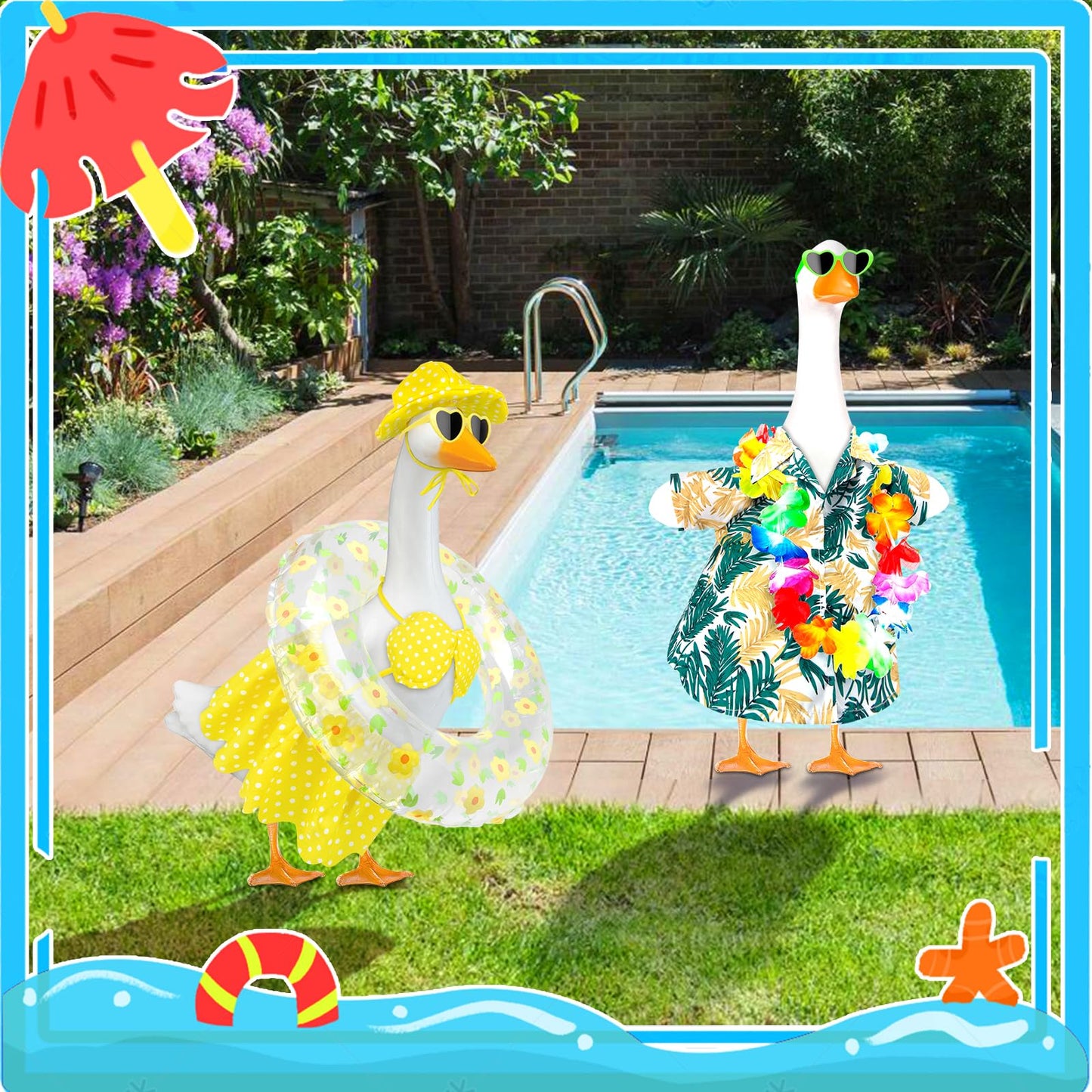 PaLuQiYa Hawaiian Goose Outfit with Sunglasses & Wreath,Porch Goose Outfits for 23" 17" Cement Plastic Goose Clothes Costumes,Garden Decor Duck Costume for Outdoor Statues(Bikini)