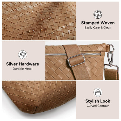KALIDI Woven Crossbody Bags for Women Travel Vegan Leather Fanny Packs for Woman Cross Body Purse Fashion Belt Bum Bag with Wide Strap