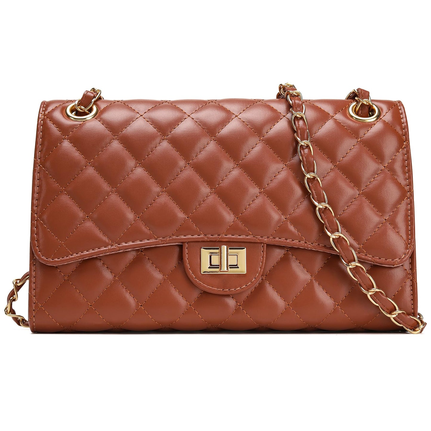 Quilted Crossbody Purse for Women Trendy Ladies Shoulder Bag with Chain Strap PU Leather Cross Body Bags Satchel HandBag,Caramel Brown