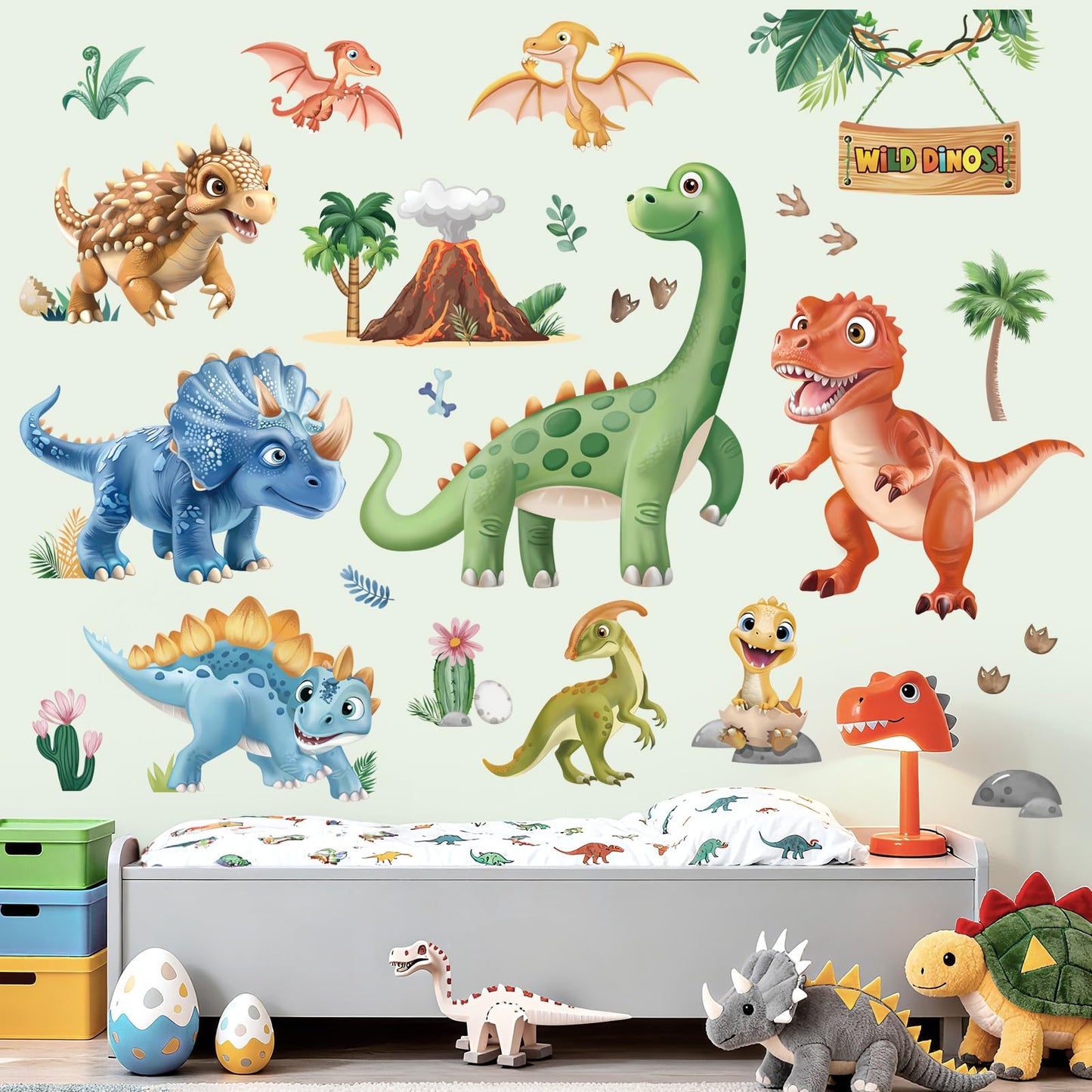 wondever 3D Dinosaur Wall Stickers Tropical Animal Dino Volcano Plants Peel and Stick Wall Art Decals for Baby Nursery Kids Bedroom Playroom